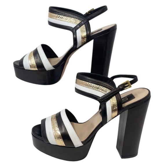 Sebastian Milano Shoes - Sebastian Womens Black White and Gold Ankle Strap Platform Sandals Size EU 37.5